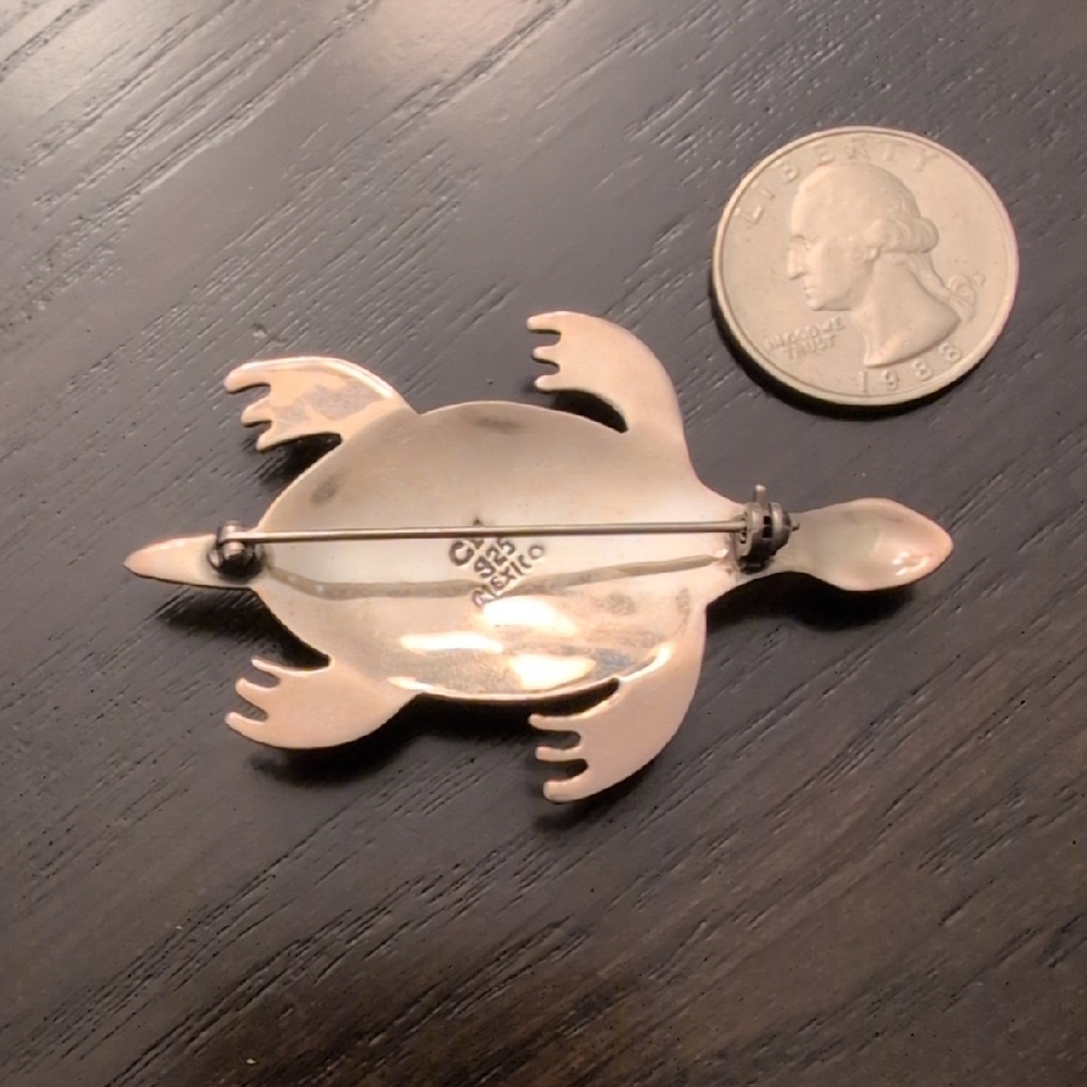Cii 925 Mexico Sterling Silver Ocean Jasper Sea Turtle Brooch Pin Vintage - Picture 7 of 9